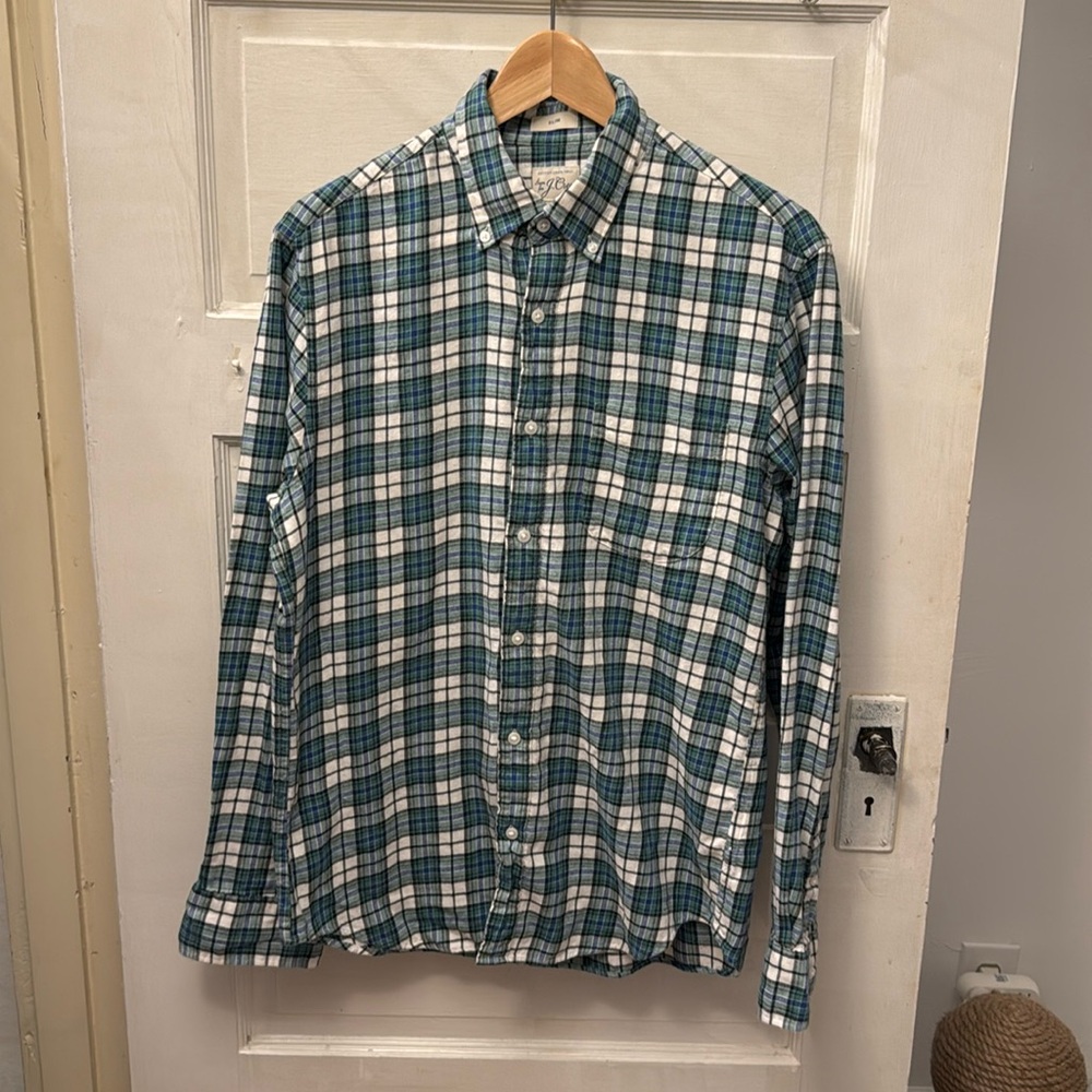 J.Crew Slim Fit Cotton Linen Brushed Twill Shirt in Green Check Medium